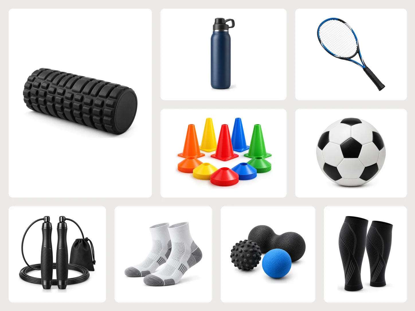 A collage of EXE HUB products: a foam roller, an insulated water bottle, a tennis racket, a training cone set, a football, a speed jump rope, performance sports socks, a massage ball set and compression calf sleeves