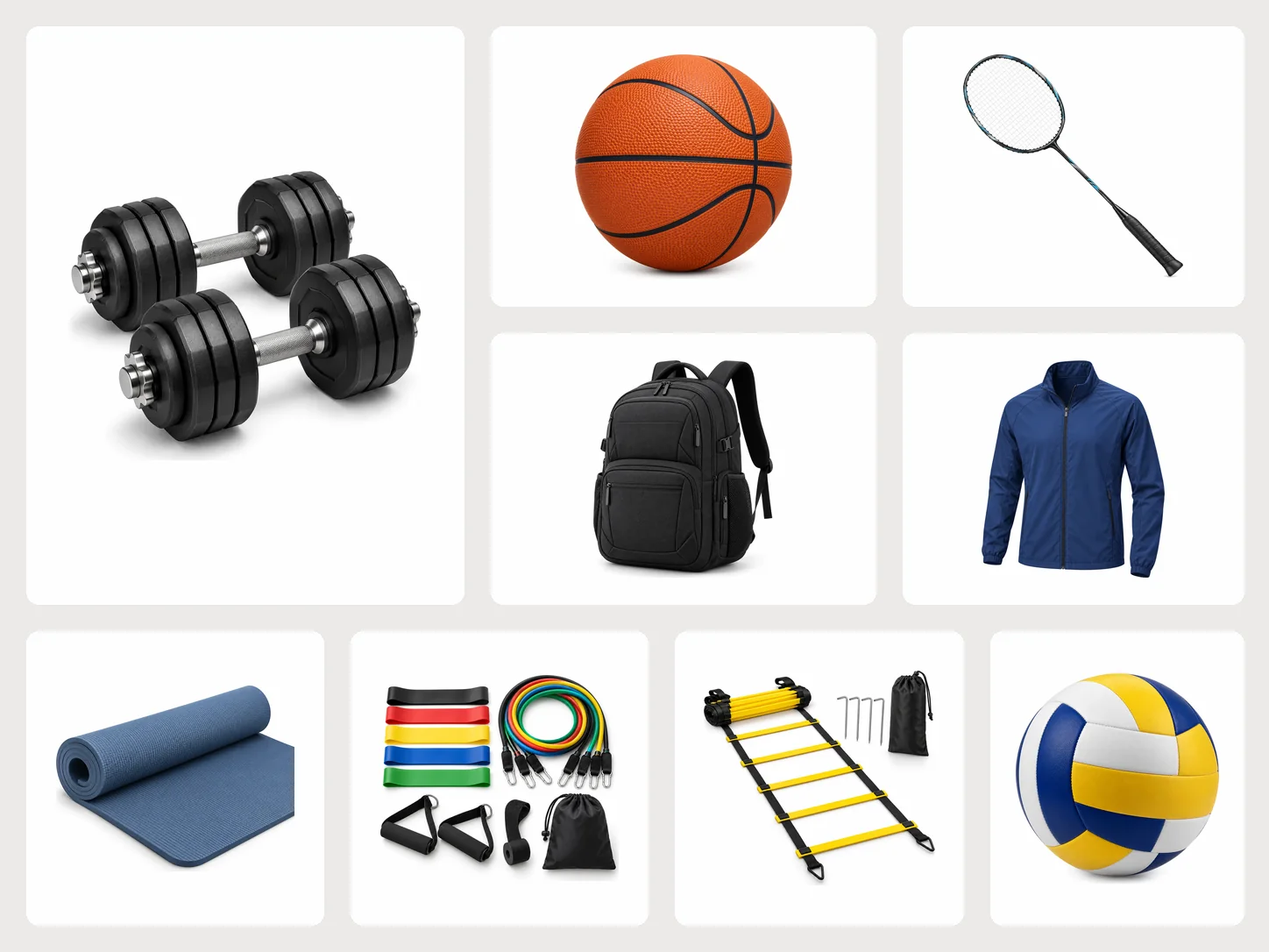 A collage of EXE HUB products: an adjustable dumbbell pair, an indoor basketball, a badminton racket, an athletic backpack, a full-zip sports jacket, an exercise mat, a resistance band set, an agility ladder and a volleyball